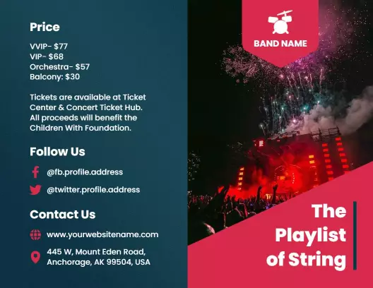 Vibrant Concert Event Ticket Pricing and Artist Lineup Brochure Template