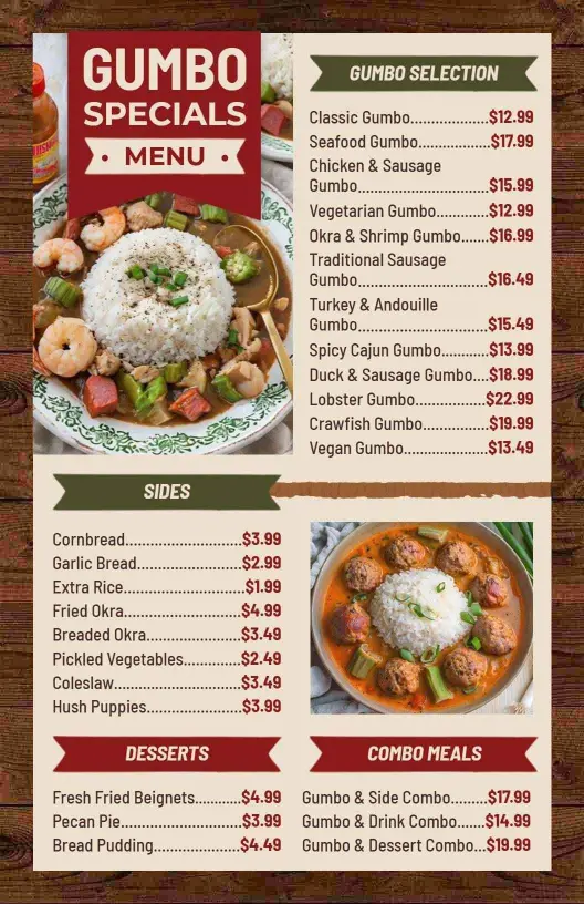 Vibrant Creole Cuisine Gumbo Specials Menu Template