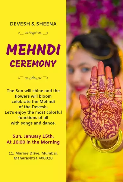 Vibrant Cultural Mehndi Ceremony Celebration Invitation Template