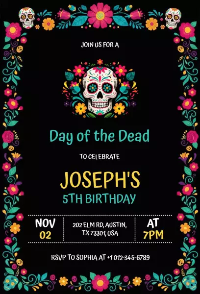 Vibrant Day of the Dead Birthday Fiesta Invitation Template