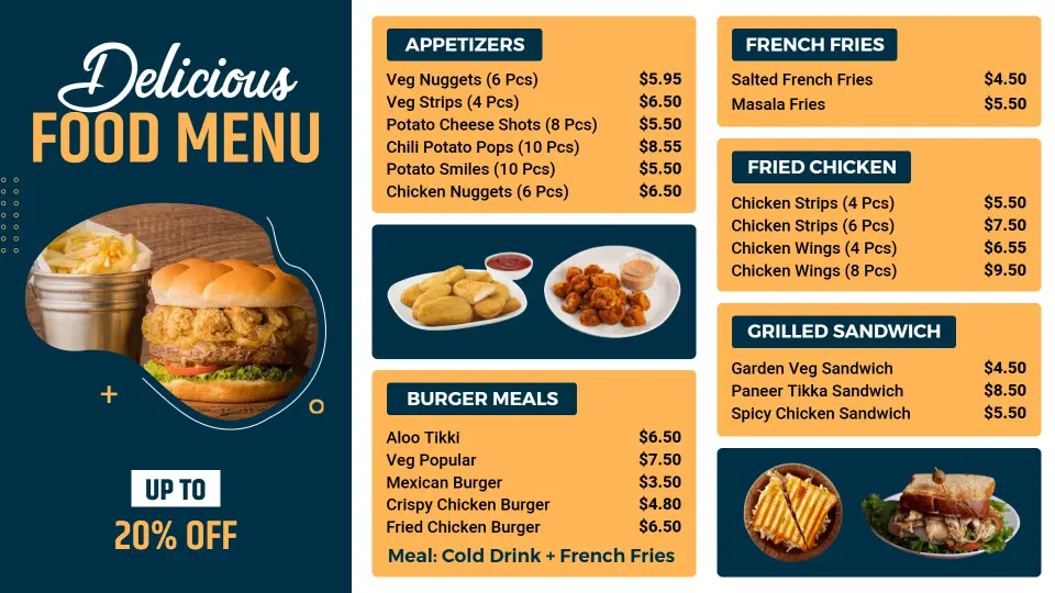 Vibrant Delicious Burger and Fried Food Menu Template