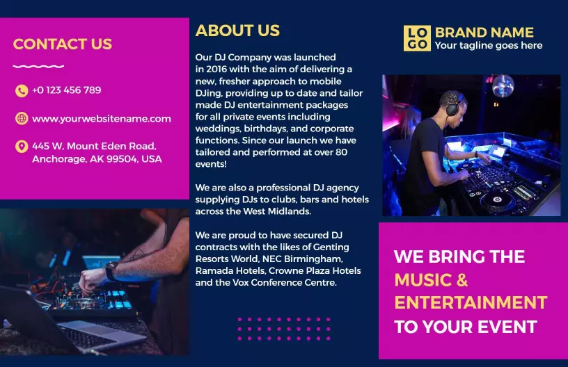 Vibrant DJ Entertainment Packages and Pricing Brochure Template