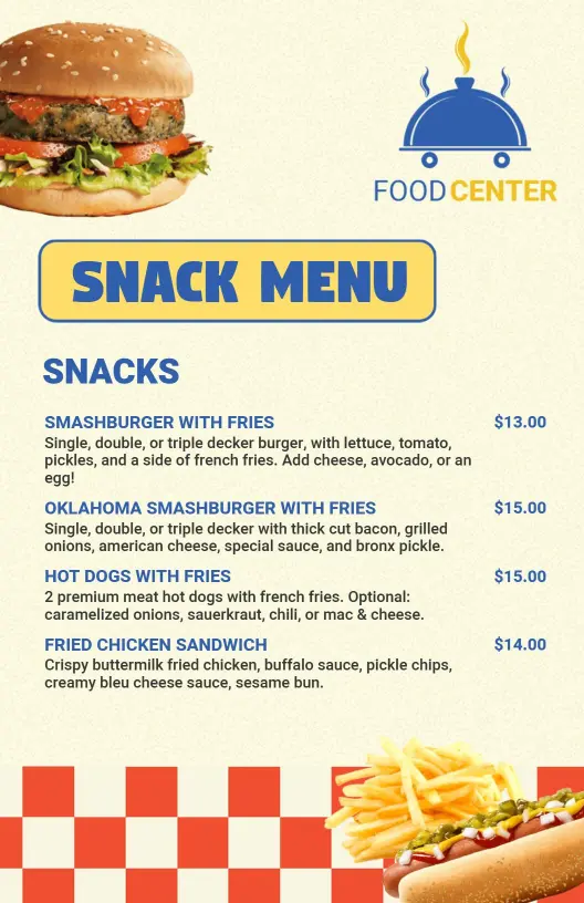 Vibrant Fast Food Selection with Snacks and Sides Menu Template
