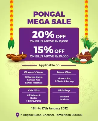 Vibrant Festive Green Pongal Mega Sale Shopping Poster Template