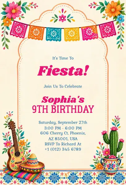Vibrant Fiesta Theme 9th Birthday Celebration Invitation Template