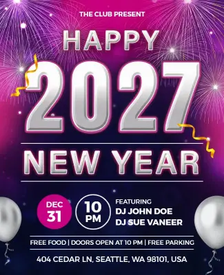 Vibrant Fireworks New Year 2027 Celebration Party Flyer Template