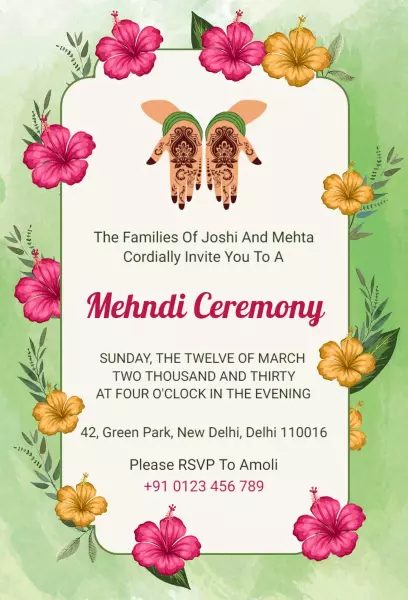Vibrant Floral Mehndi Ceremony Celebration Invitation Template