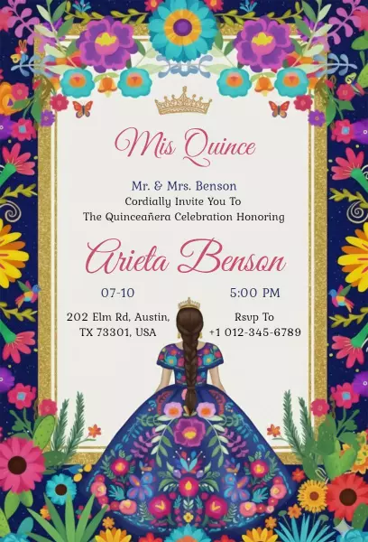 Vibrant Floral Princess Quinceanera Celebration Invitation Template