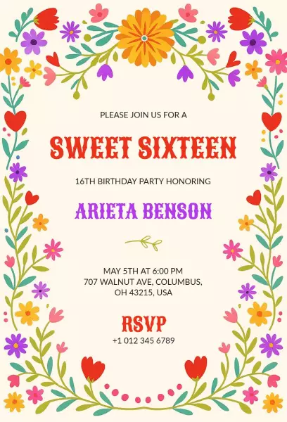 Vibrant Floral Sweet 16 Birthday Party Celebration Invitation Template