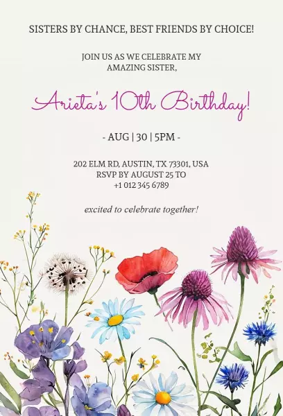 Vibrant Floral Theme 10th Birthday Celebration Invitation Template