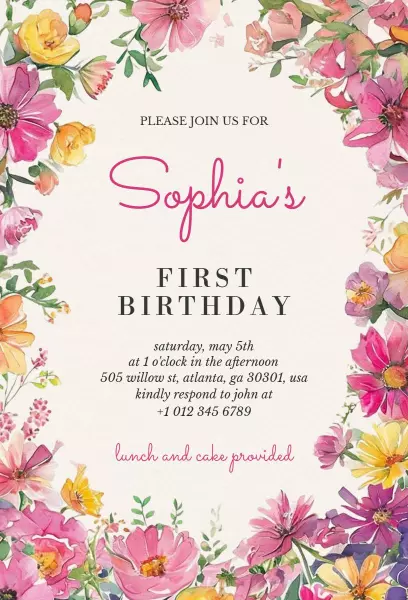 Vibrant Floral Theme First Birthday Celebration Invitation Template