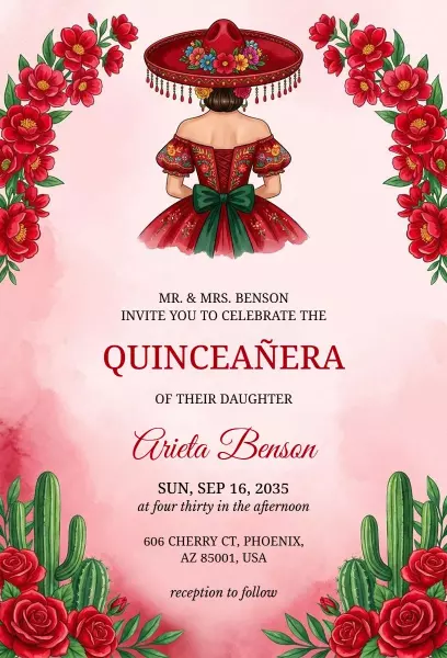 Vibrant Floral Traditional Quinceanera Celebration Invitation Template
