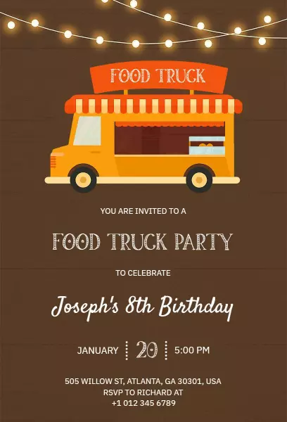 Vibrant Food Truck Party 8th Birthday Celebration Invitation Template