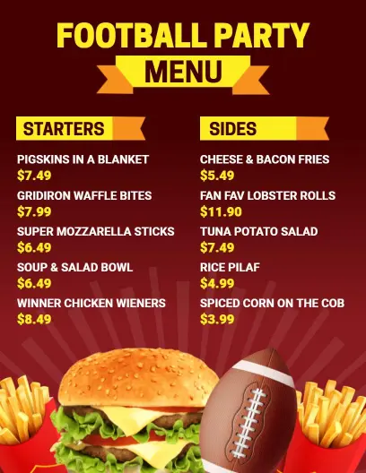 Vibrant Football Party Snacks Menu Template