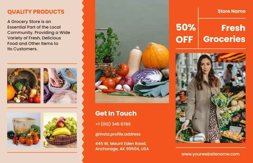 Vibrant Fresh Produce Grocery Discounts and Contact Brochure Template