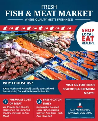 Vibrant Fresh Seafood and Premium Meat Market Poster Template