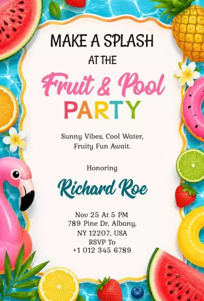 Vibrant Fruit-Themed Pool Party Celebration Invitation Template