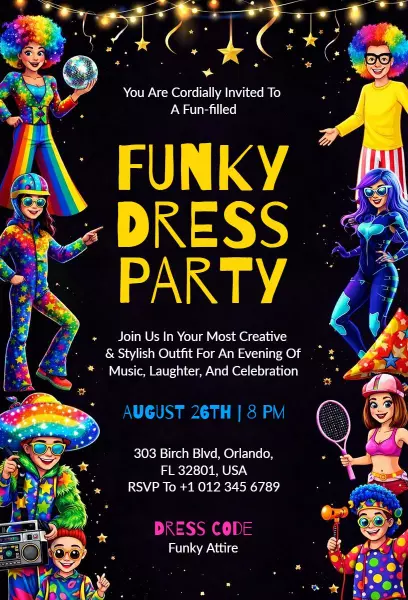 Vibrant Funky Dress Creative Party Invitation Template