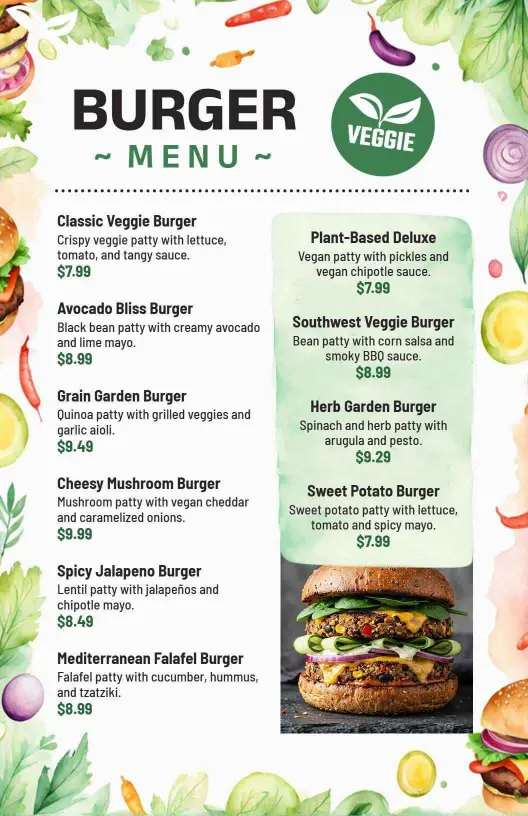 Vibrant Garden Style Vegetarian Burger Menu Template