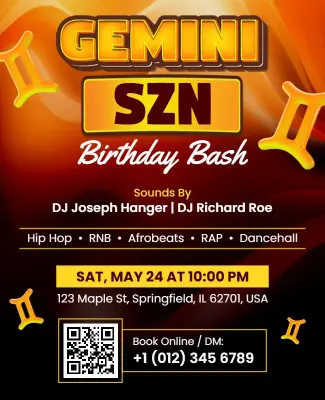 Vibrant Gemini Season Birthday Bash Celebration Flyer Template