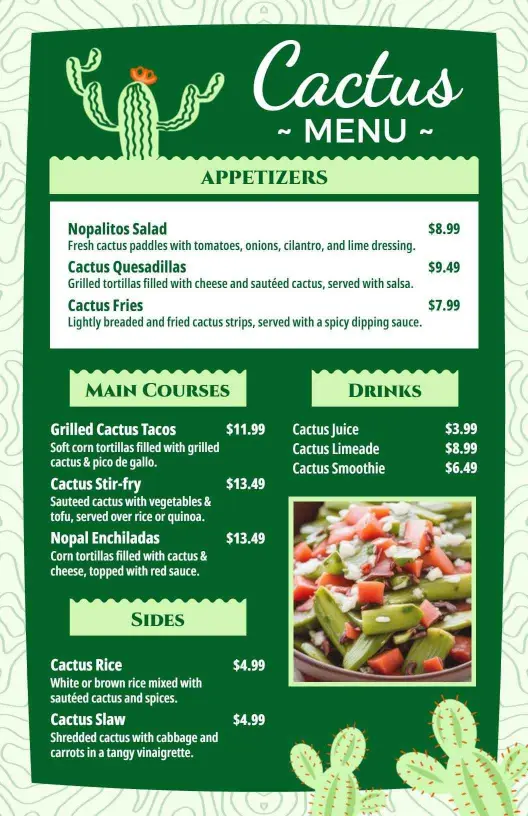 Vibrant Green Cactus Appetizer and Main Course Menu Template
