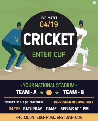 Vibrant Green Cricket Match Tournament Game Poster Template