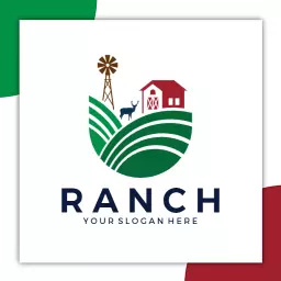 Vibrant Green Fields and Farm Scene Depicting Ranch Logo Template
