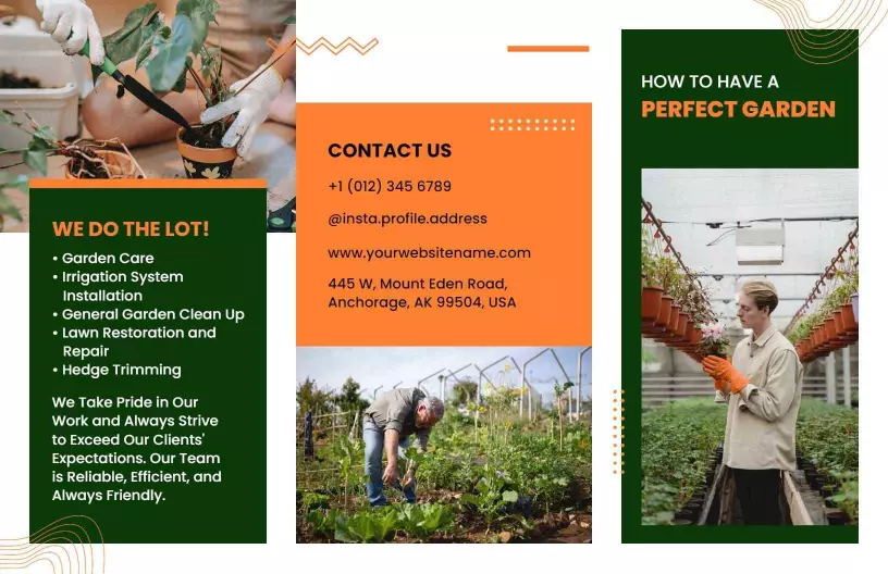 Vibrant Green Garden Care and Maintenance Tips Brochure Template