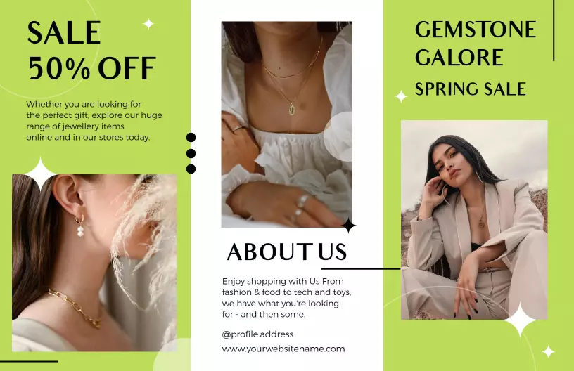 Vibrant Green Gemstone Jewelry Sale Promotional Brochure Template