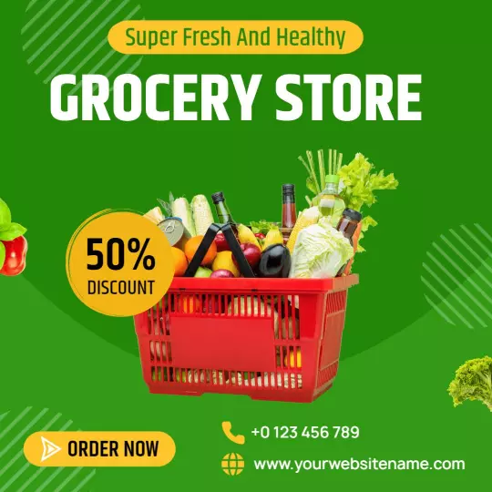 Vibrant Green Grocery Store Fresh Produce with Discount Ad Template
