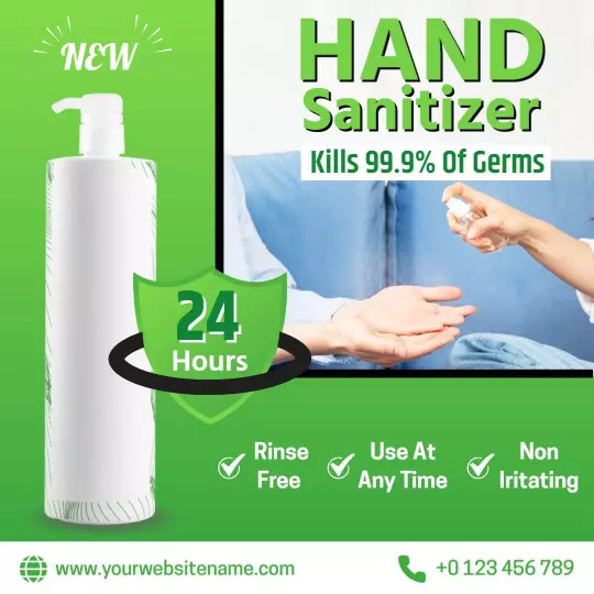 Vibrant Green Hand Sanitizer Promotion Killing 99.9% of Germs Ad Template