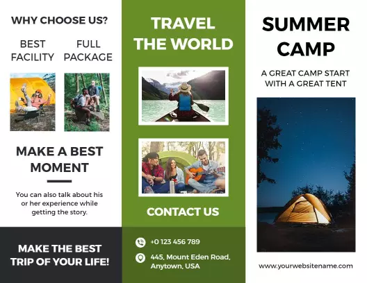 Vibrant Green Outdoor Activities Summer Camp Brochure Template