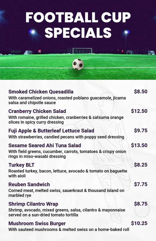 Vibrant Green Pitch Football Cup Delight Menu Template