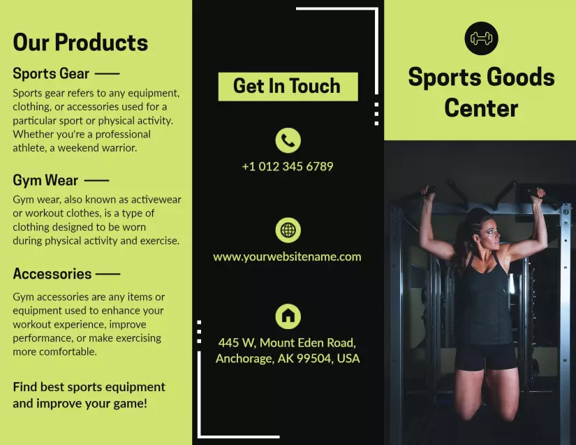 Vibrant Green Sports Goods Center Gear and Accessories Tri Fold Brochure Template