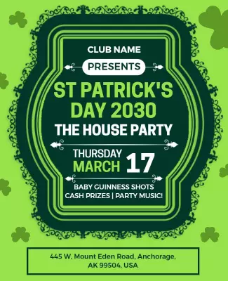 Vibrant Green St Patrick's Day House Party Celebration Poster Template