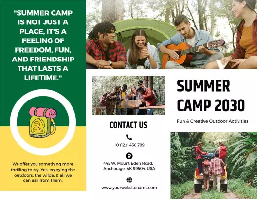Vibrant Green Summer Camp Outdoor Adventures Brochure Template