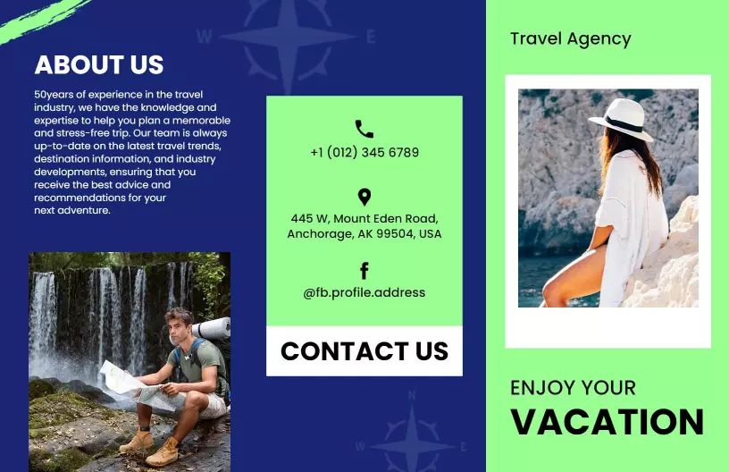 Vibrant Green Travel Agency Services and Vacation Planning Brochure Template