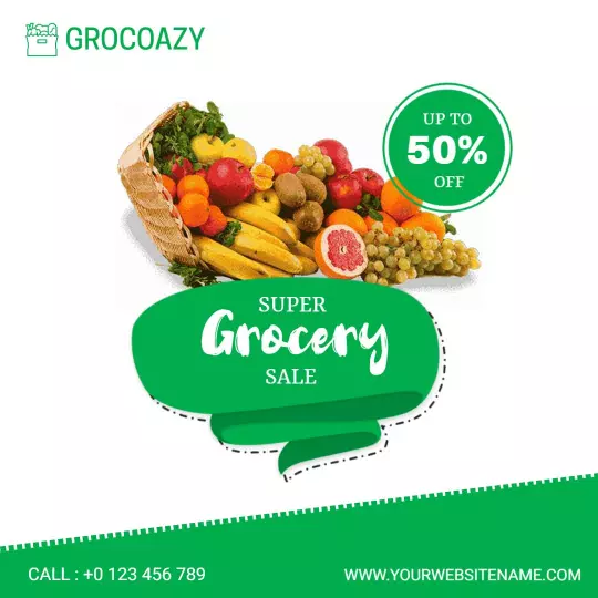 Vibrant Grocery Sale with Fresh Fruit Basket Promotion Ad Template