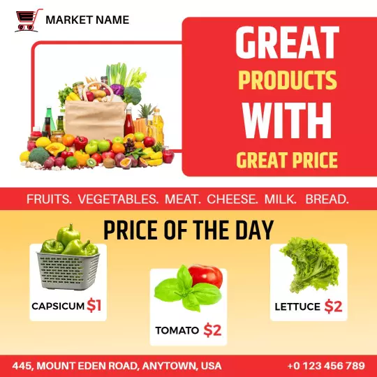 Vibrant Grocery Sale with Fresh Produce Price Highlights Ad Template