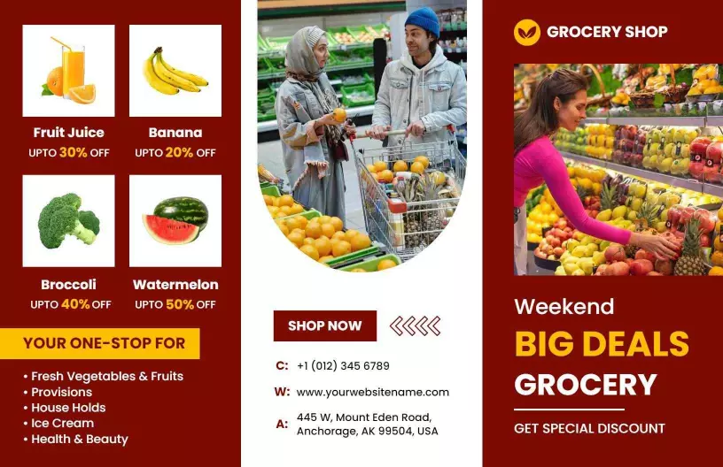 Vibrant Grocery Shop Weekend Deals on Fruits and Vegetables Brochure Template