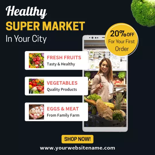 Vibrant Grocery Supermarket Fresh Produce and Meat Offer Ad Template