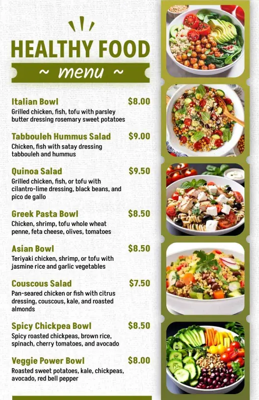 Vibrant Healthy Bowls and Salads with Fresh Ingredients Food Menu Template