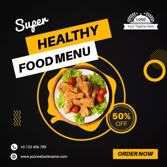 Vibrant Healthy Food Menu with Chicken and 50% Off Ad Template