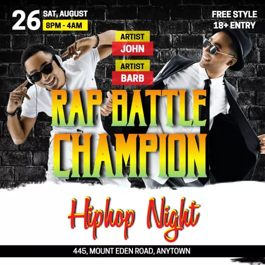 Vibrant Hip-Hop Night with Rap Battle Champion Event Ad Template