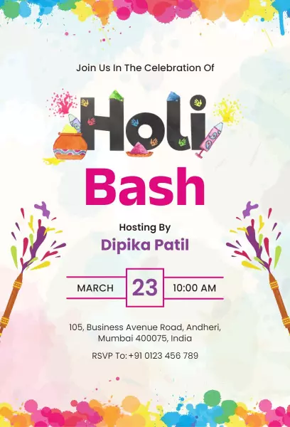 Vibrant Holi Festival Celebration Bash Invitation Template