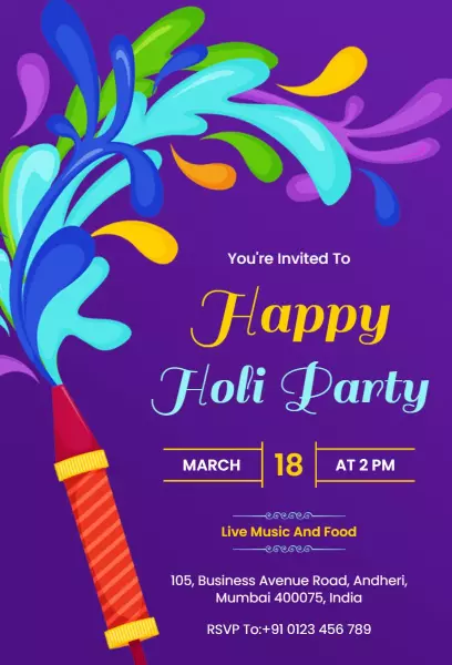 Vibrant Holi Festival Celebration Colorful Party Invitation Template