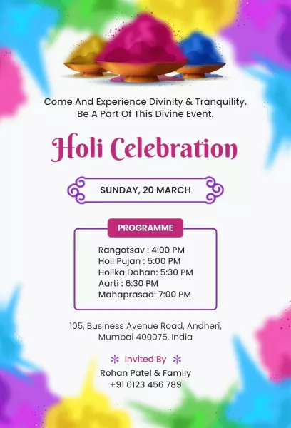 Vibrant Holi Festival Celebration Invitation Template