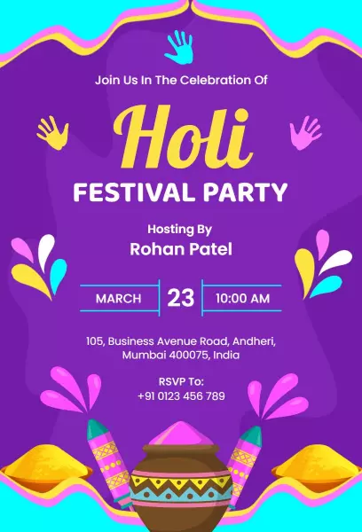 Vibrant Holi Festival Celebration Party Invitation Template