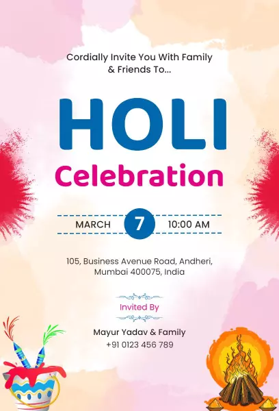 Vibrant Holi Festival Colorful Celebration Invitation Template