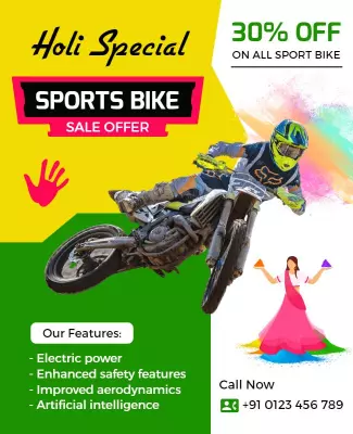 Vibrant Holi Festival Sports Bike Sale Offer Poster Template